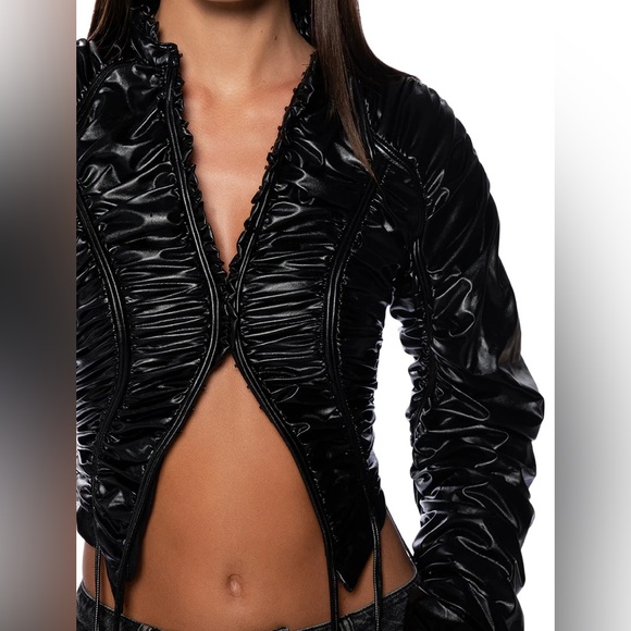 Akira, Black INTO THE MATRIX FAUX LEATHER RUCHED BLOUSE Jacket, Size M - Picture 4 of 8